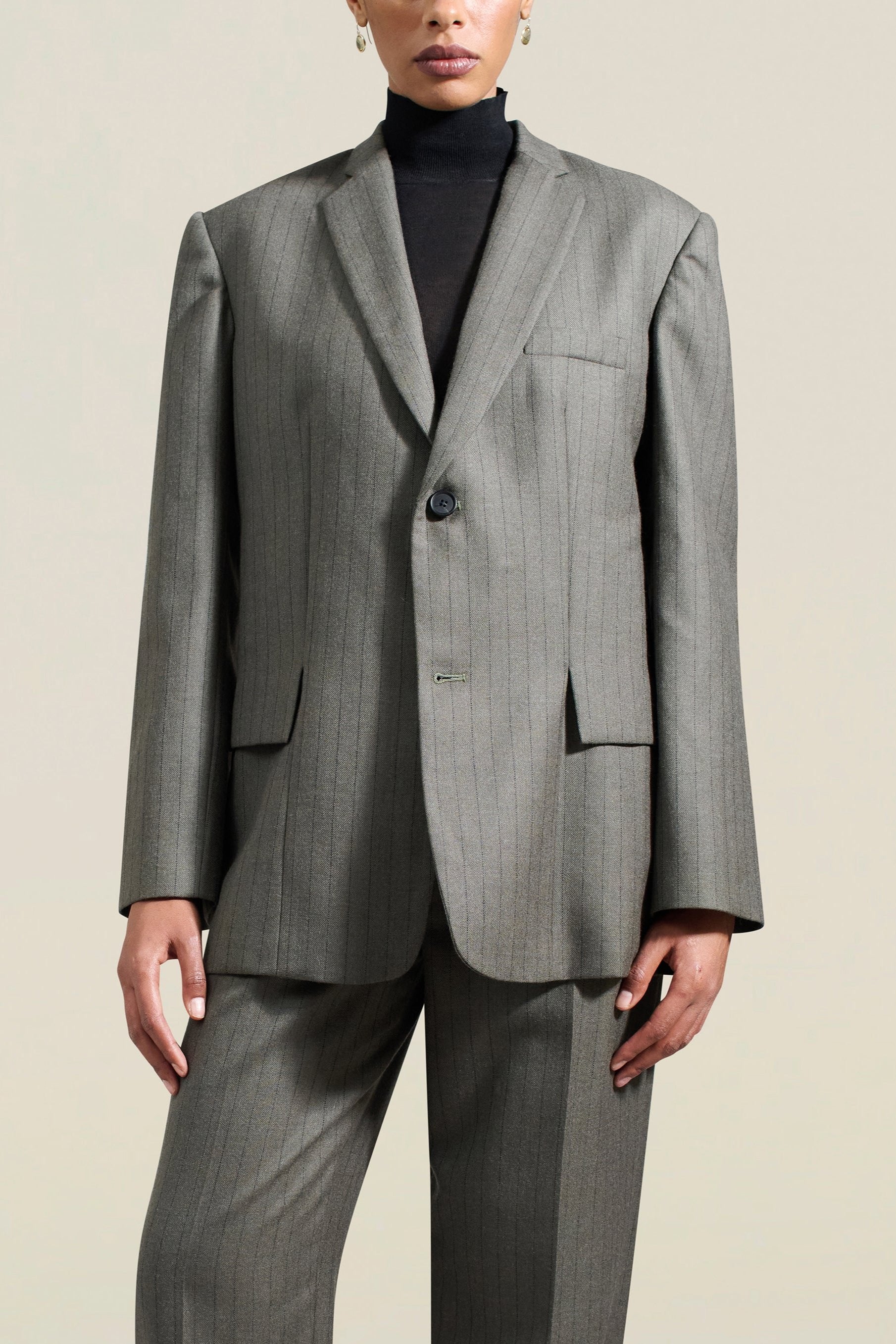 Gemini Blazer in Olive Pinstripe Wool Flannel Suiting