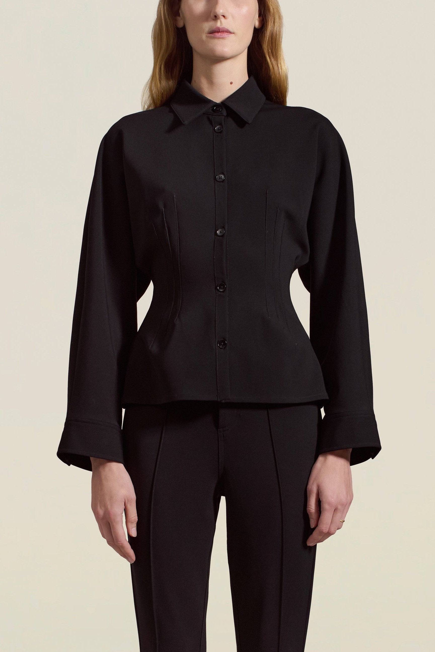 Agatha Shirt Jacket in Black Stretch-Knit Suiting