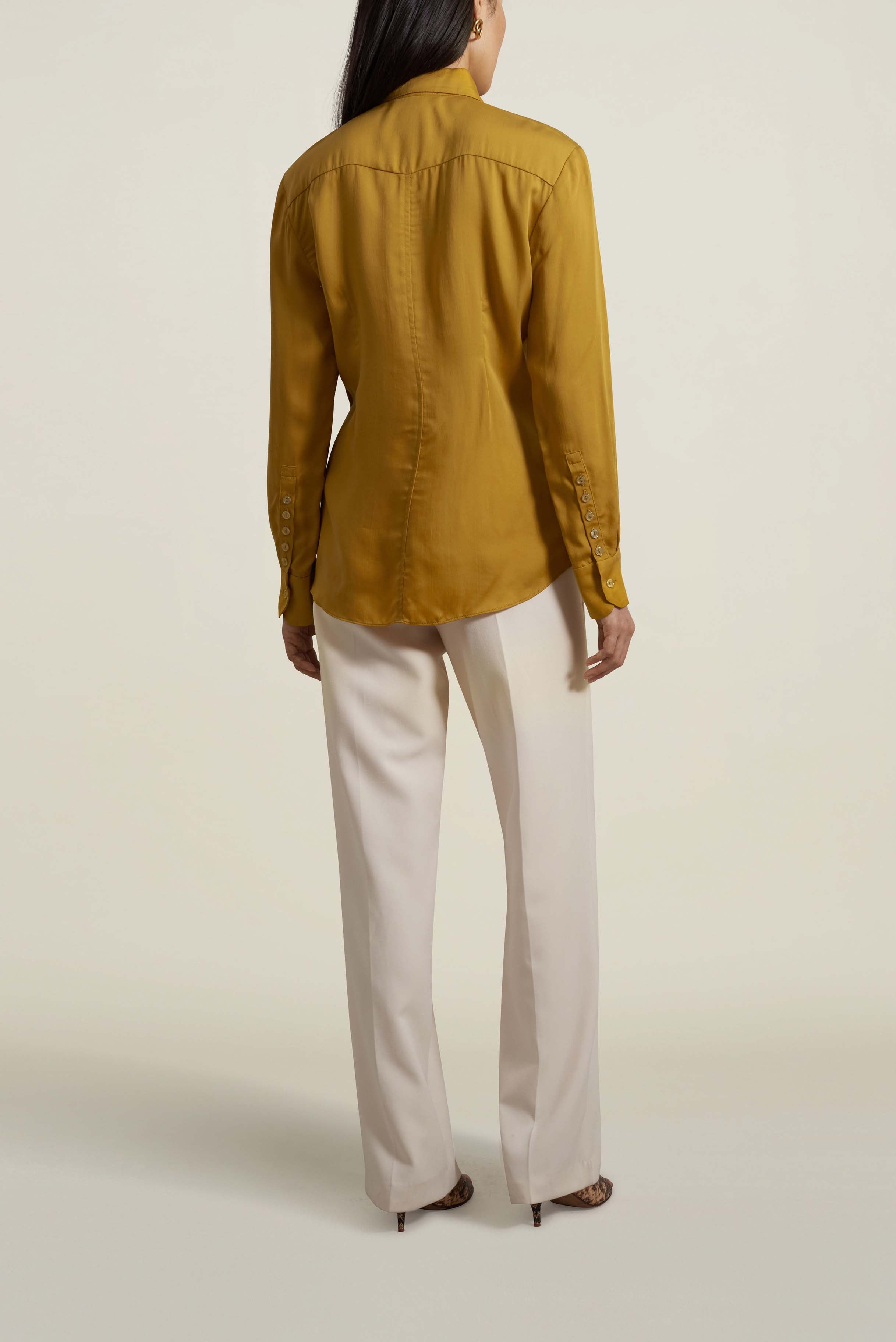 Léa Slim Blouse with Tie in Chartreuse Cupro Satin