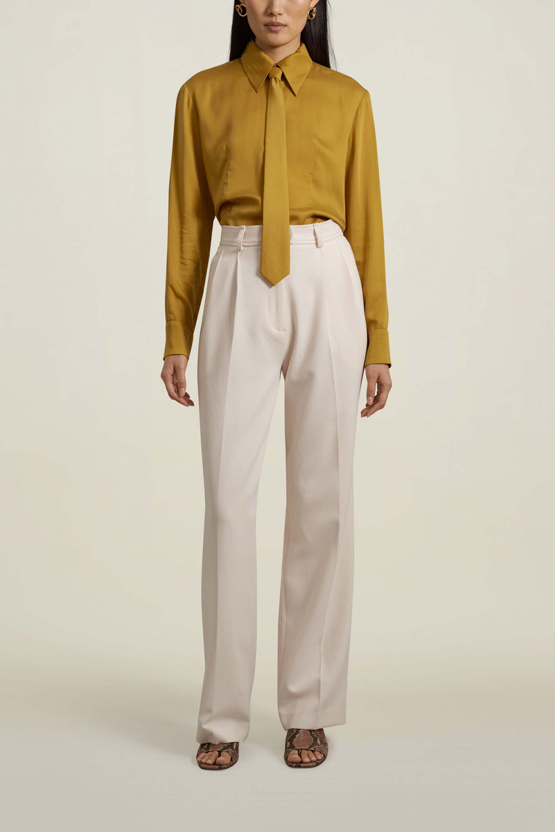 Léa Slim Blouse with Tie in Chartreuse Cupro Satin