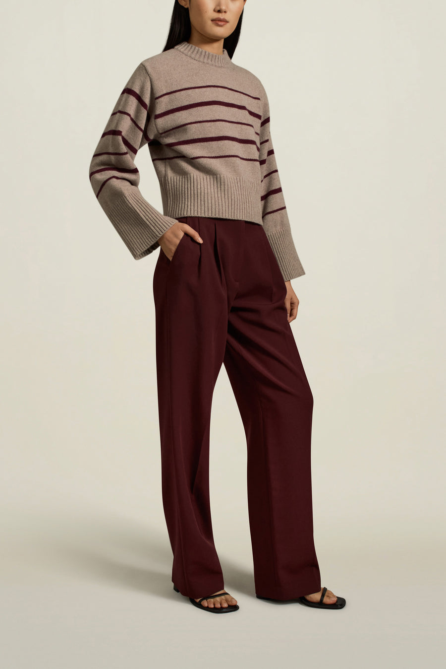Striped Paloma Sweater in Recycled Cashmere OATMEAL/BURG