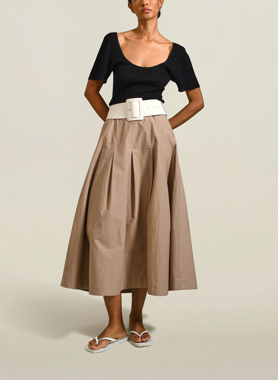Dakota Pleated Skirt in Tan Compact Cotton