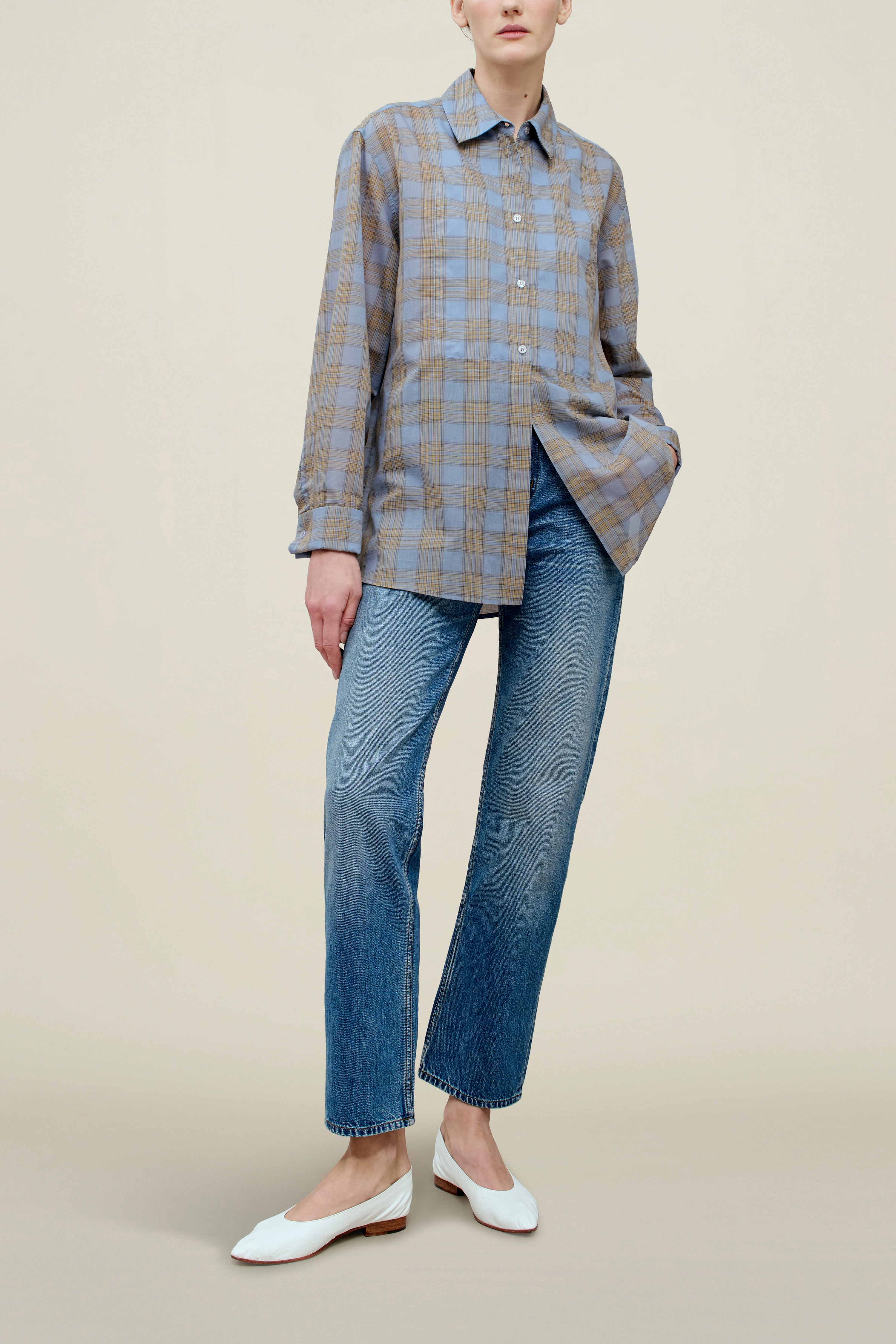 【KALLMEYERカルメイヤー】ChloeBibButtonDownShirt Chloé Bib Button Down in Blue Plaid – KALLMEYER