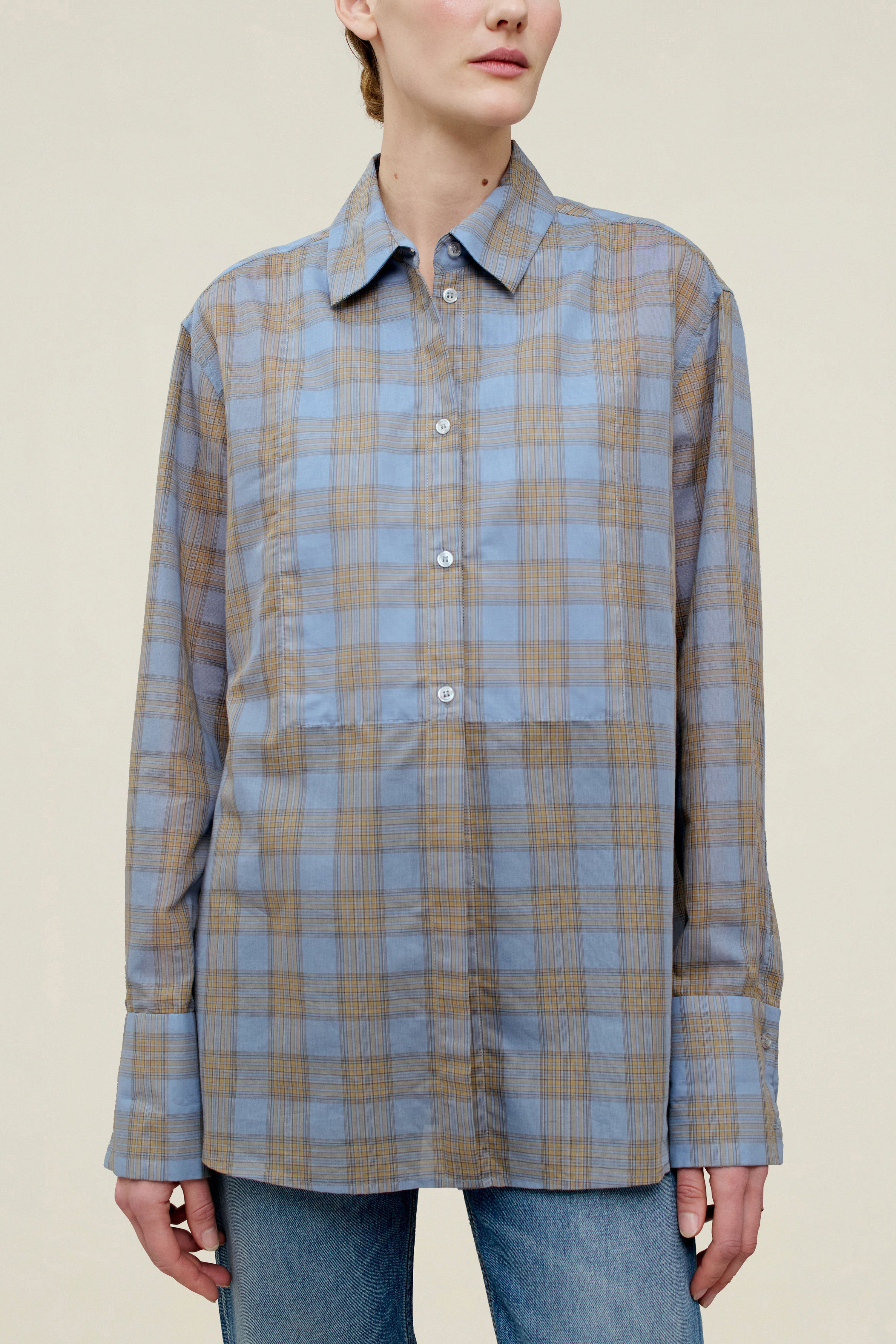 【KALLMEYERカルメイヤー】ChloeBibButtonDownShirt Chloé Bib Button Down in Blue Plaid – KALLMEYER