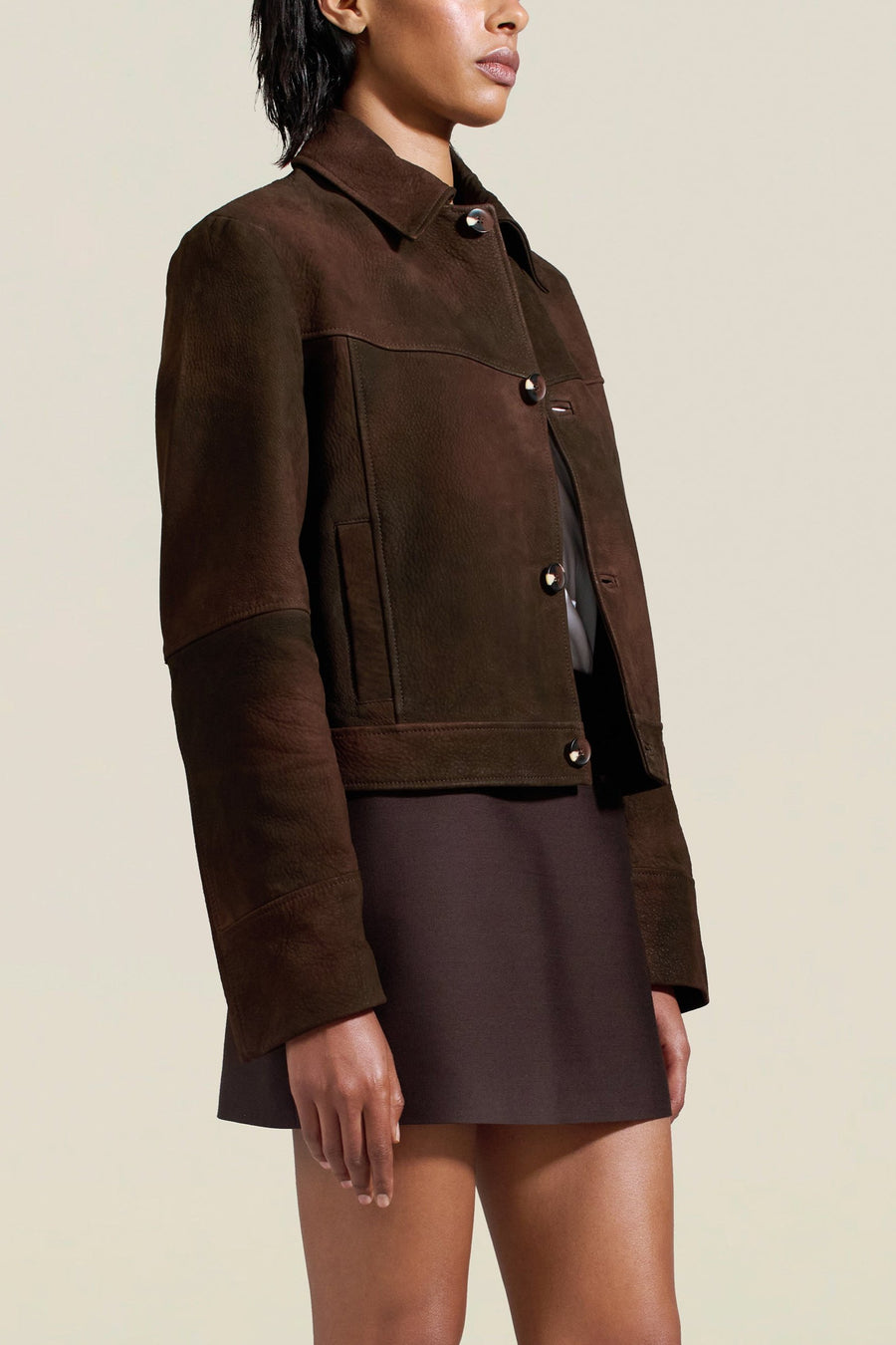 Avery Cropped Jacket in Antique Brown Petina Lambskin