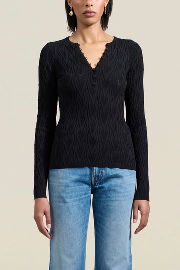 Inaya Pointelle Henley in Black Viscose Blend