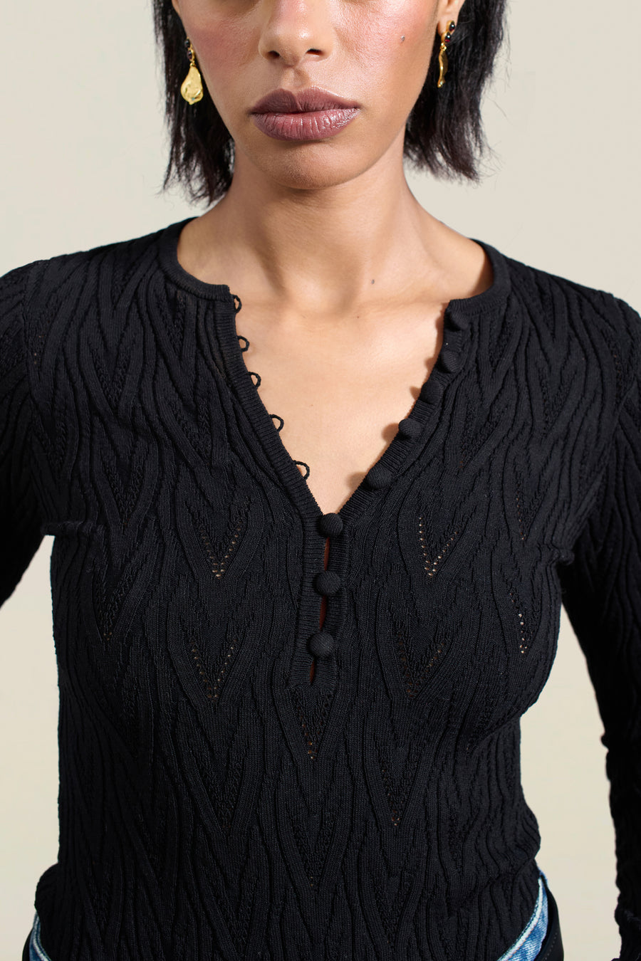 Inaya Pointelle Henley in Black Viscose Blend