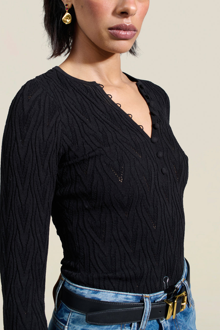 Inaya Pointelle Henley in Black Viscose Blend