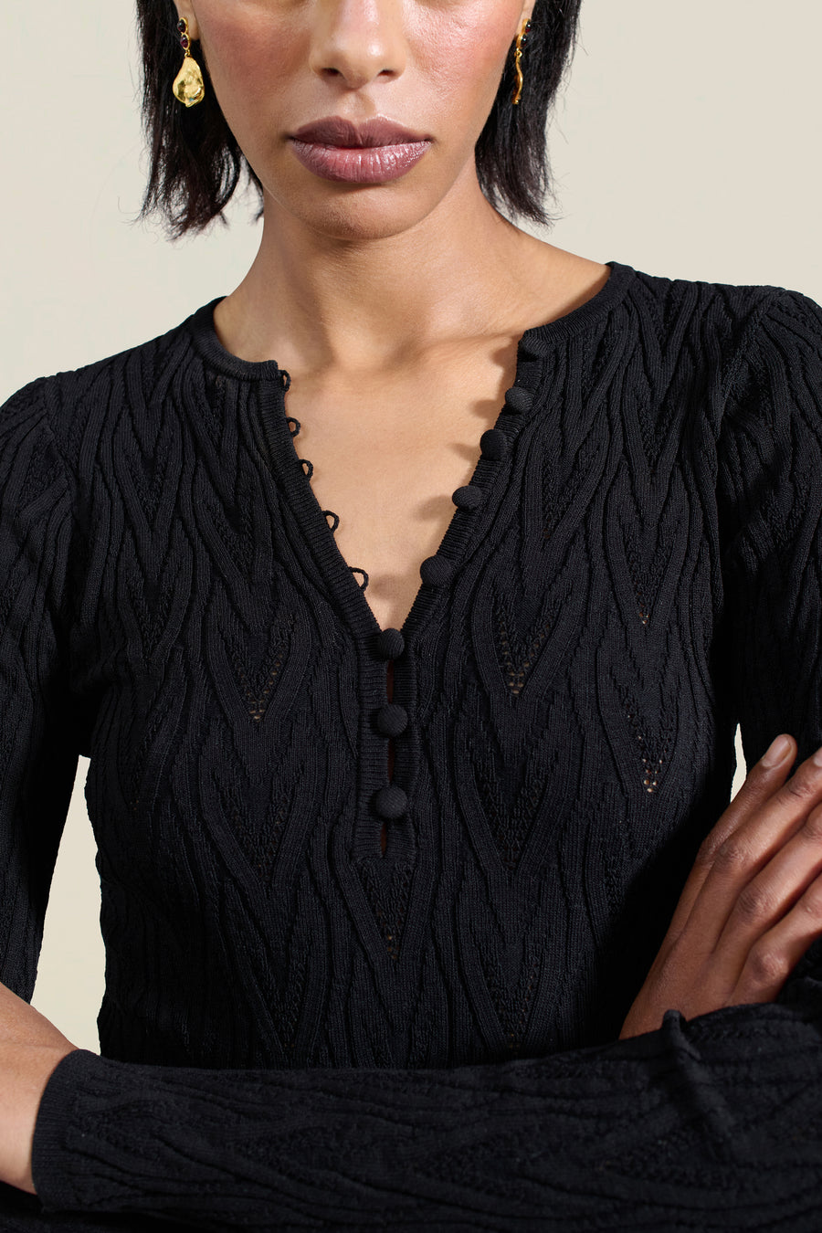 Inaya Pointelle Henley in Black Viscose Blend