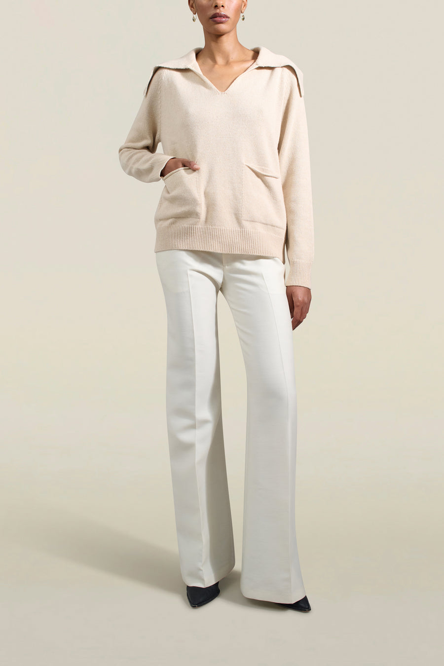 Betina Collared Sweater in Beige Cashmere Wool Blend