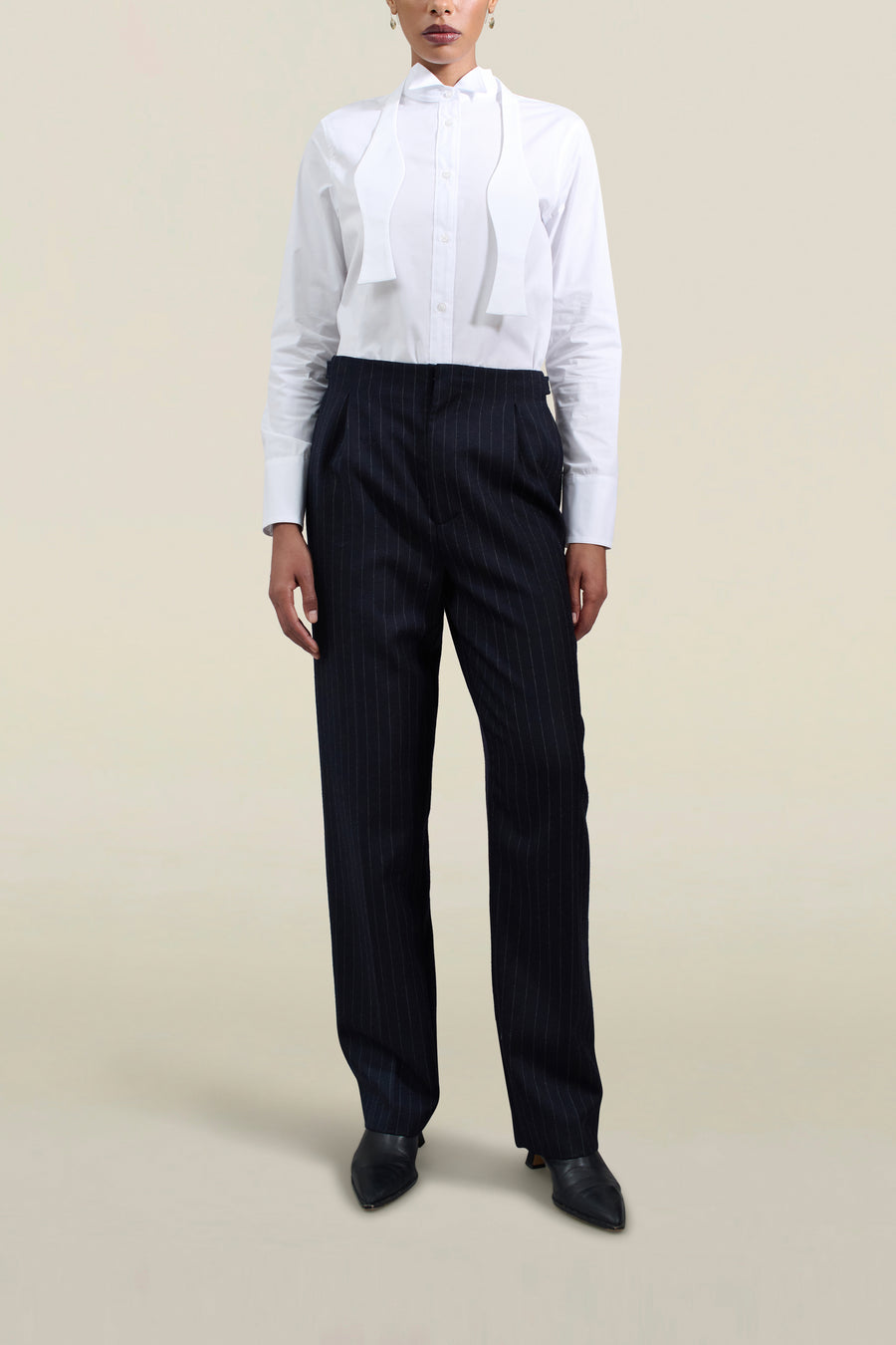 Phoebe Trouser in Navy Pinstripe Wool Flannel Suiting