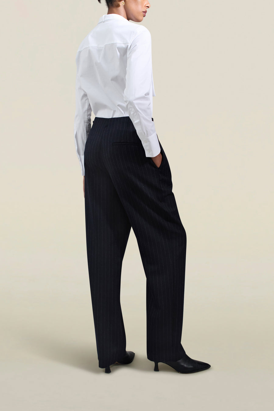 Phoebe Trouser in Navy Pinstripe Wool Flannel Suiting