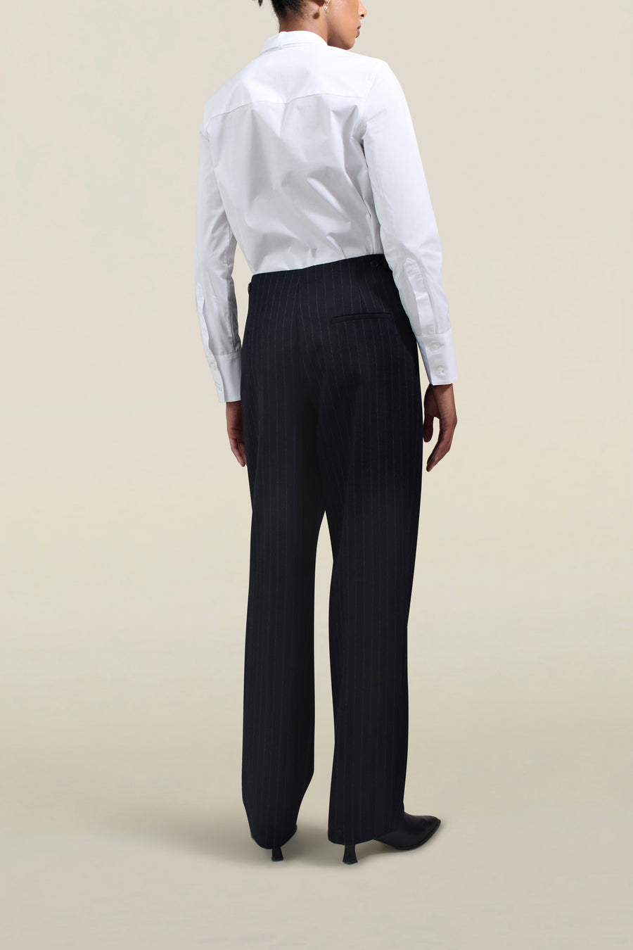 Phoebe Trouser in Navy Pinstripe Wool Flannel Suiting