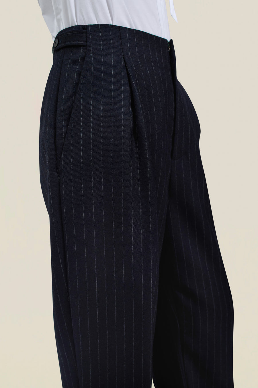 Phoebe Trouser in Navy Pinstripe Wool Flannel Suiting