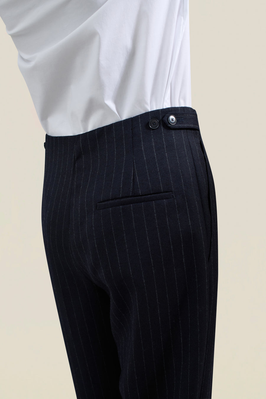 Phoebe Trouser in Navy Pinstripe Wool Flannel Suiting