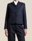 Kiernan Shrunken Blazer in Navy Pinstripe Wool Flannel Suiting