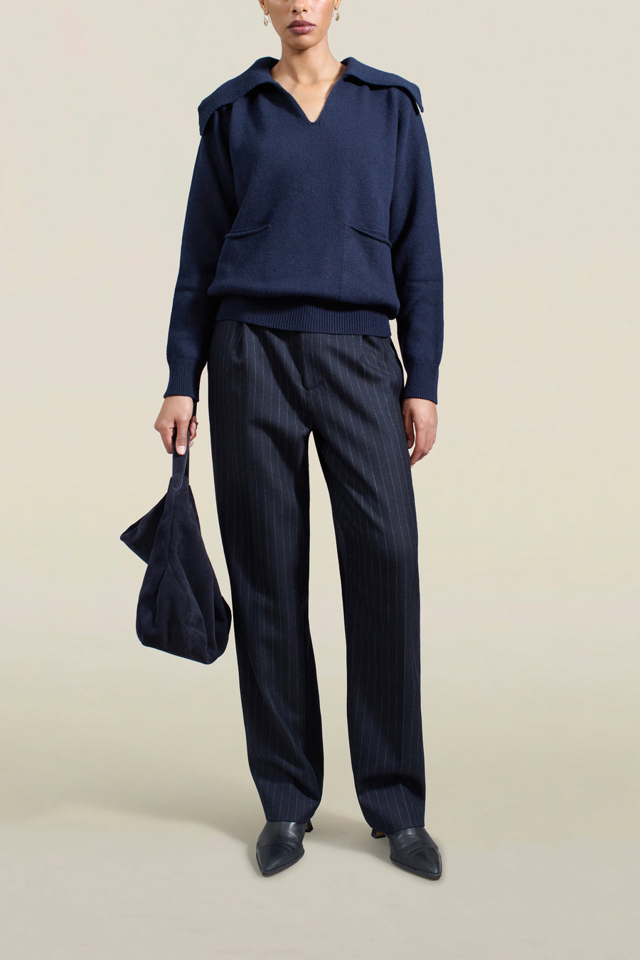 Betina Collared Sweater in Navy Cashmere Wool Blend