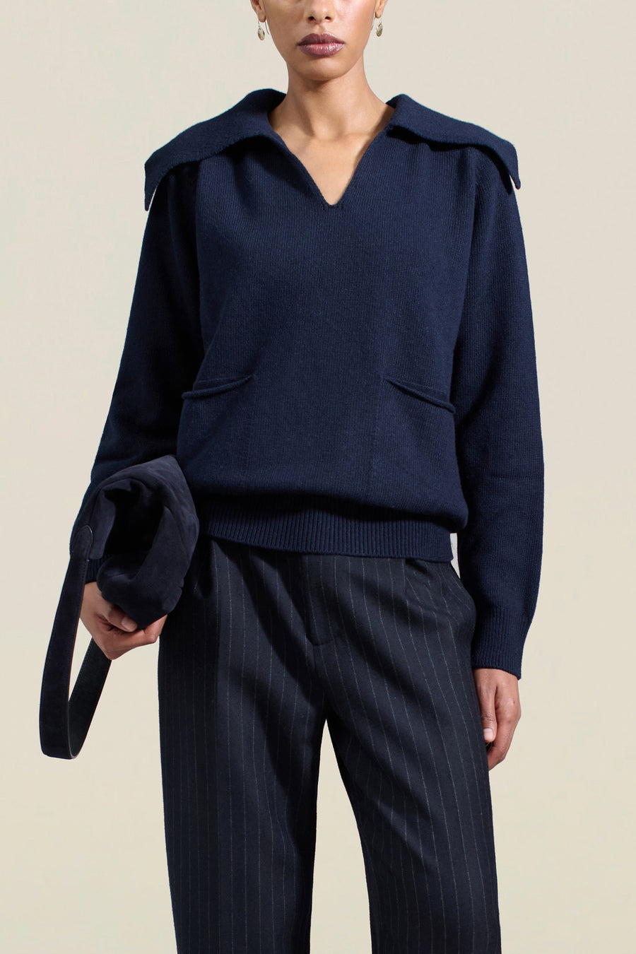 Betina Collared Sweater in Navy Cashmere Wool Blend