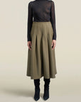 Dakota Pleated Skirt in Dark Olive Tropical Wool