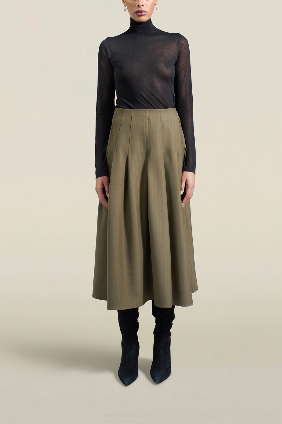 Dakota Pleated Skirt in Dark Olive Tropical Wool