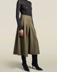 Dakota Pleated Skirt in Dark Olive Tropical Wool