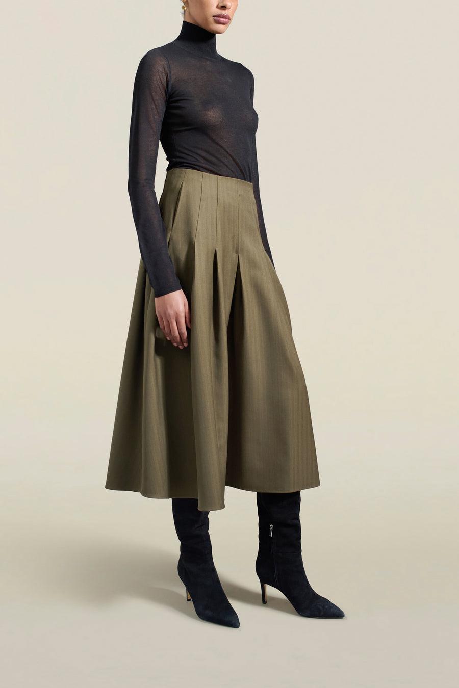 Dakota Pleated Skirt in Dark Olive Tropical Wool