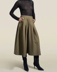 Dakota Pleated Skirt in Dark Olive Tropical Wool