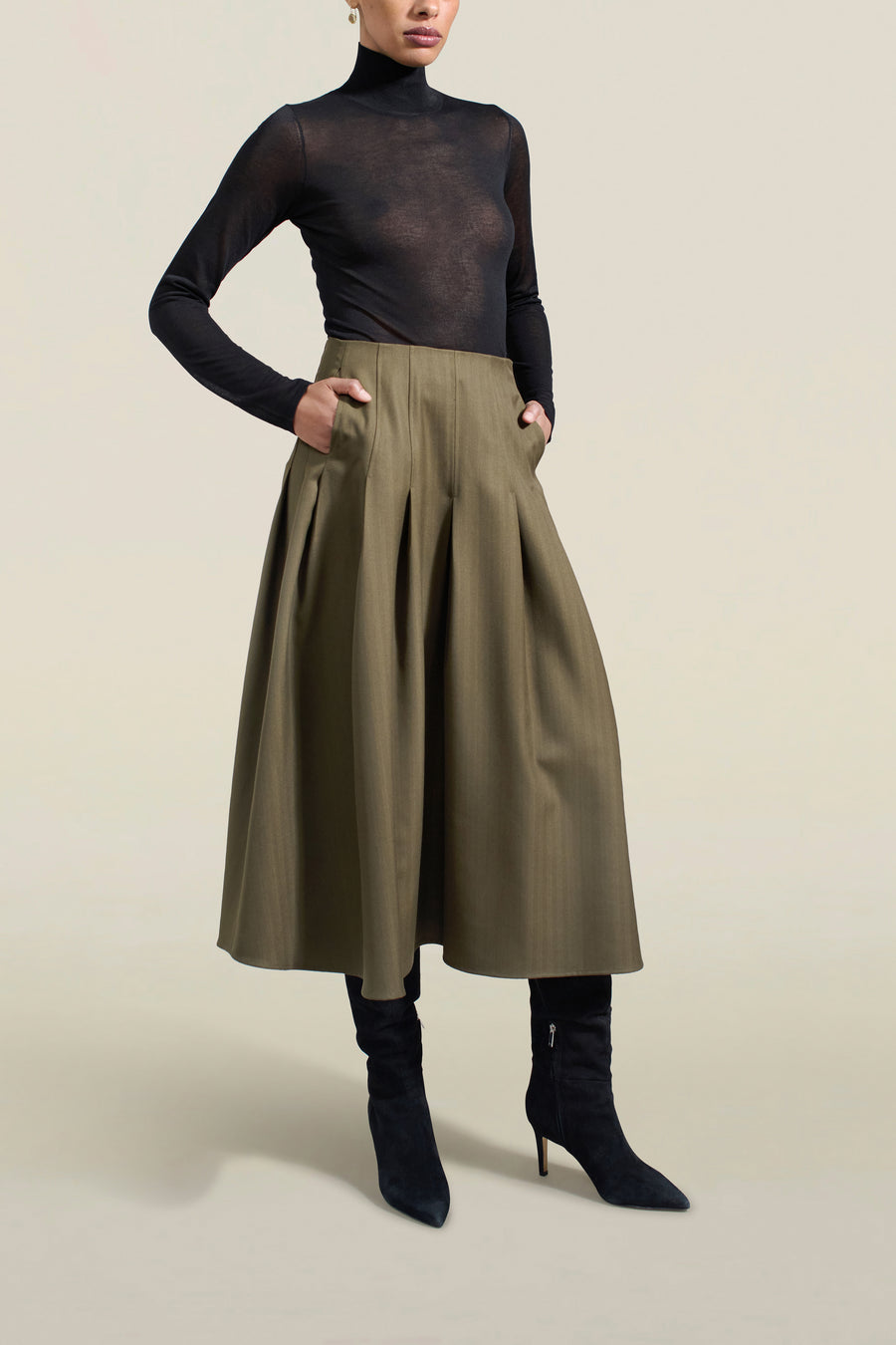 Dakota Pleated Skirt in Dark Olive Tropical Wool