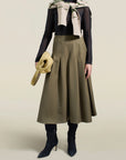 Dakota Pleated Skirt in Dark Olive Tropical Wool