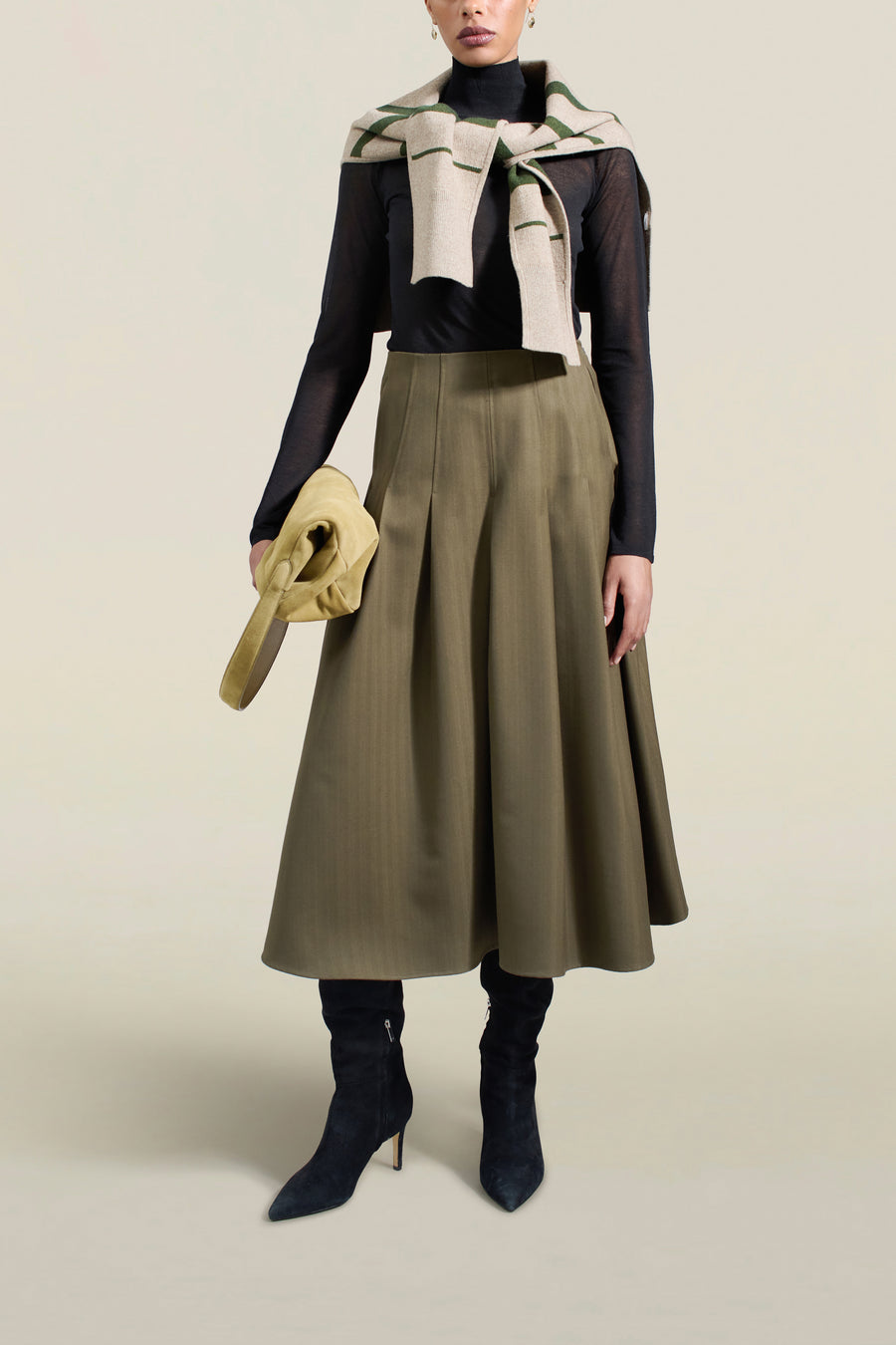 Dakota Pleated Skirt in Dark Olive Tropical Wool