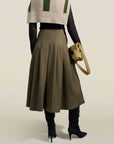 Dakota Pleated Skirt in Dark Olive Tropical Wool