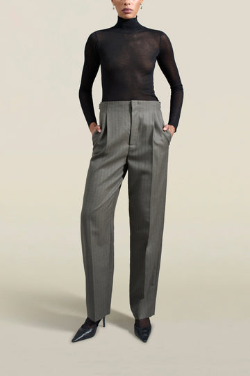 Phoebe Trouser in Olive Pinstripe Wool Flannel Suiting