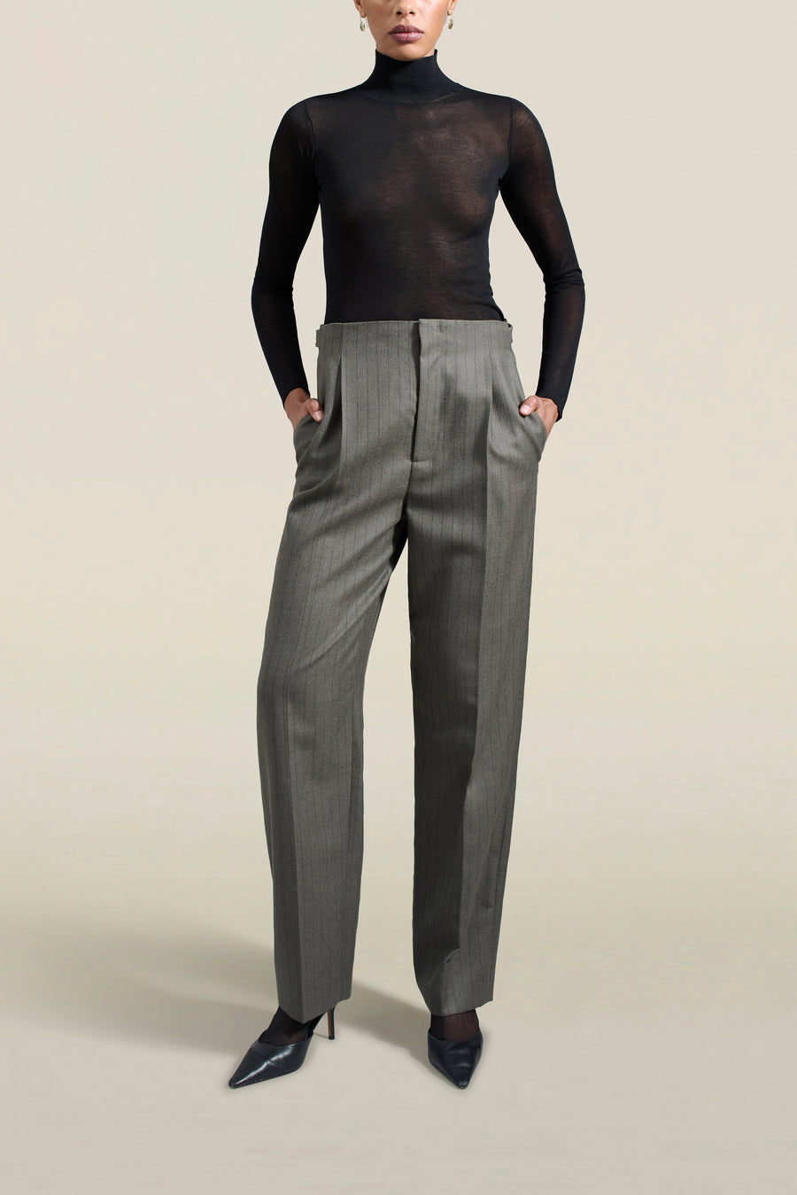 Phoebe Trouser in Olive Pinstripe Wool Flannel Suiting