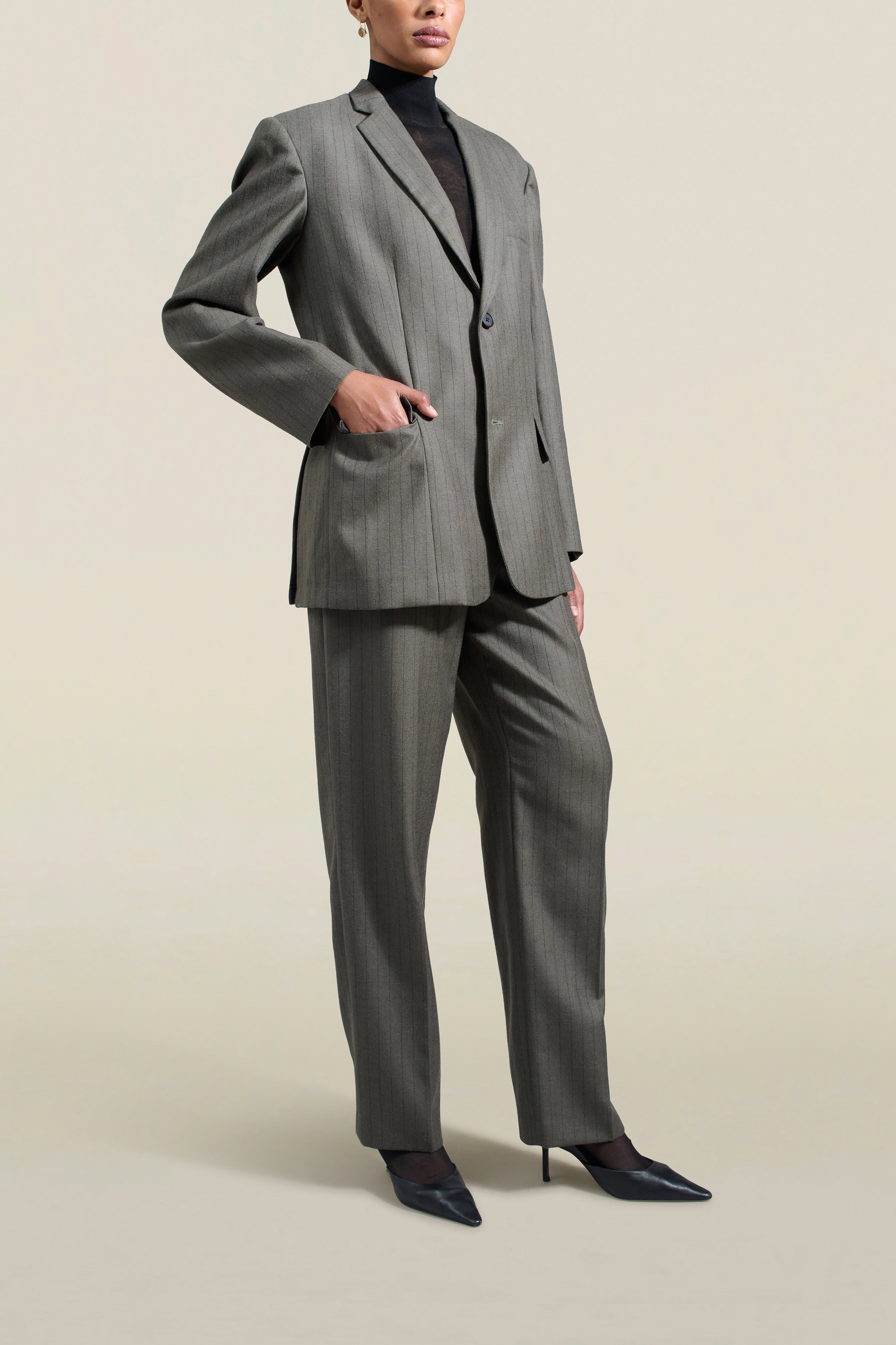 Gemini Blazer in Olive Pinstripe Wool Flannel Suiting