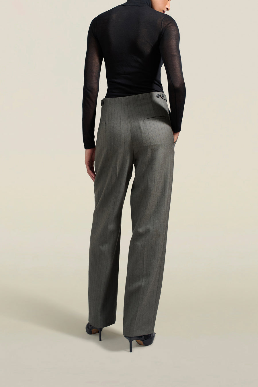 Phoebe Trouser in Olive Pinstripe Wool Flannel Suiting