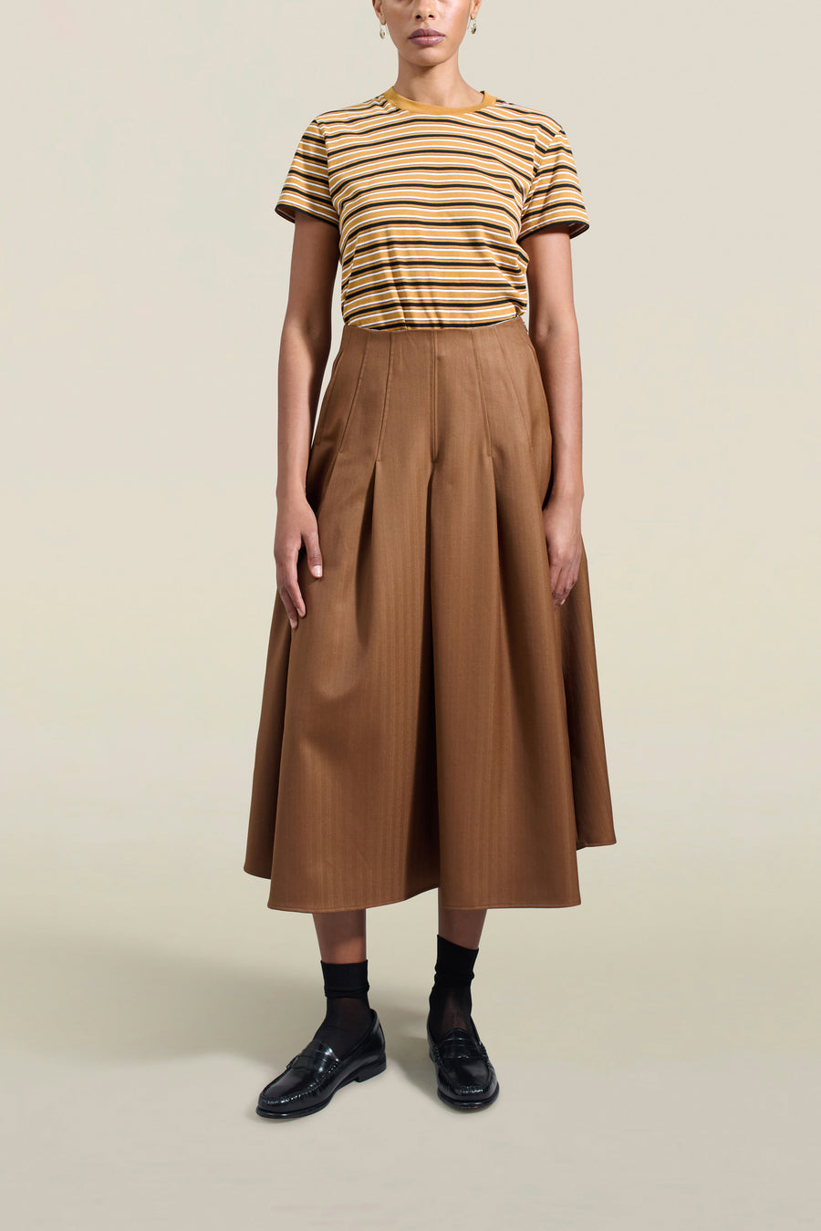 Dakota Pleated Skirt in Toffee Tropical Wool