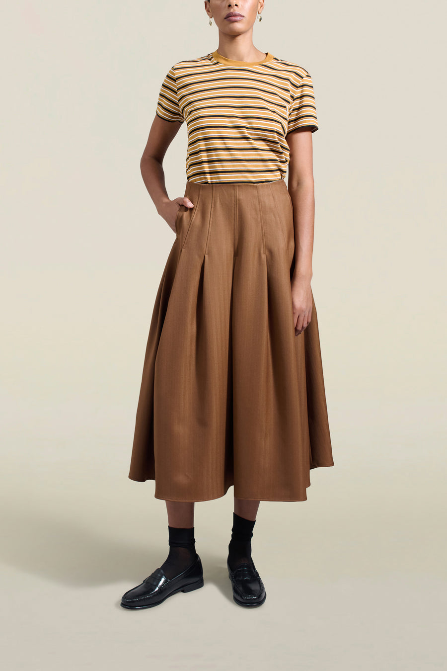 Dakota Pleated Skirt in Toffee Tropical Wool