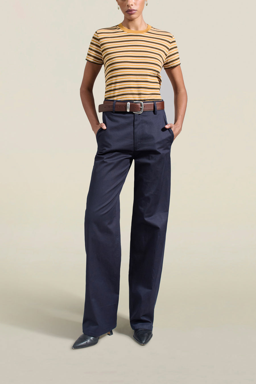 Column Leg Trouser in Navy Cotton Twill