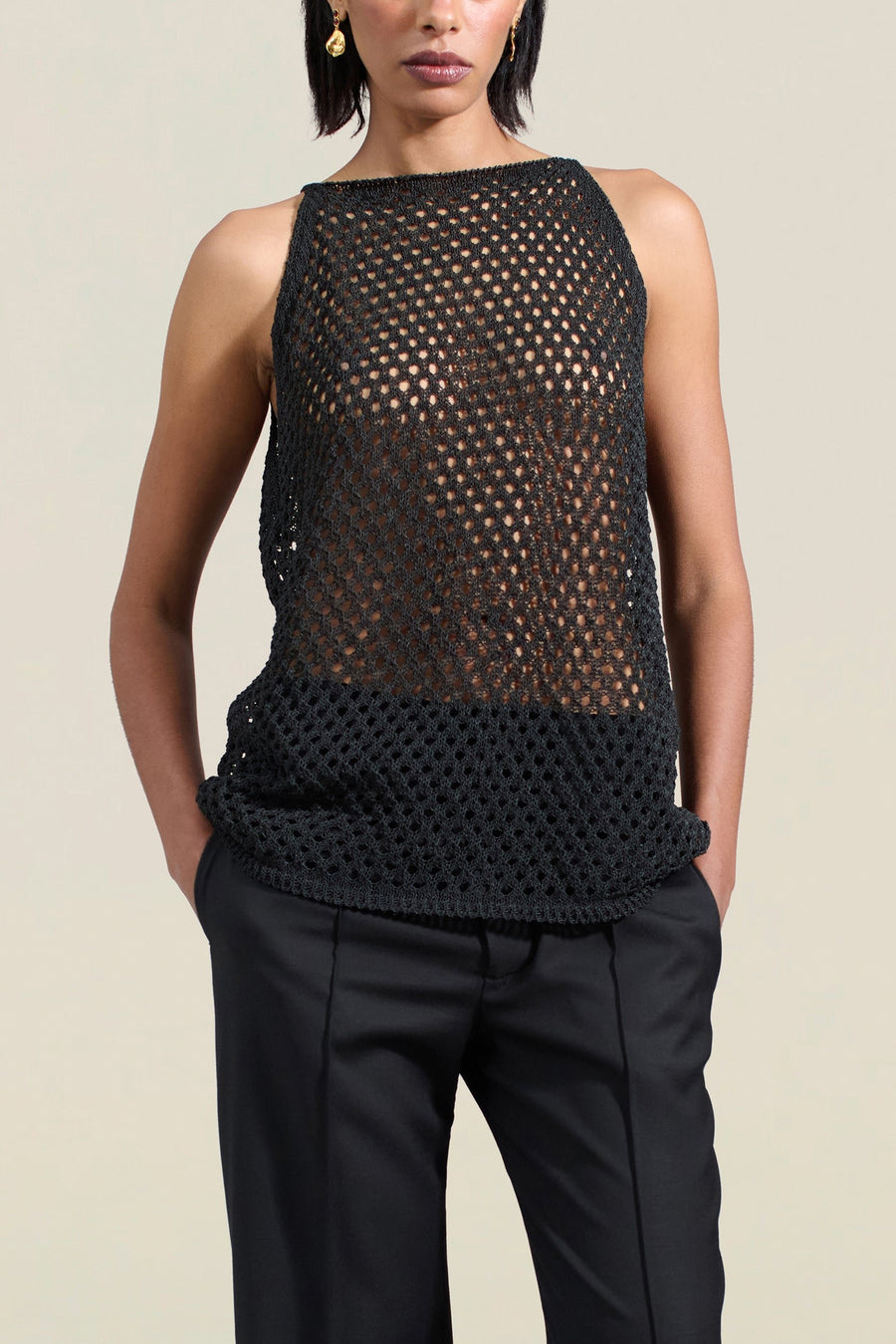 Aida Pinnie in Black Cotton-blend Crochet