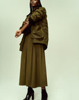 Dakota Pleated Skirt in Dark Olive Tropical Wool