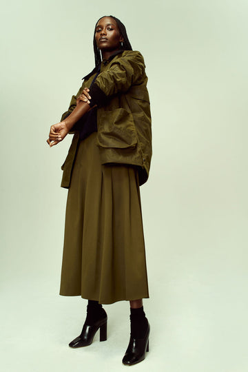 Dakota Pleated Skirt in Dark Olive Tropical Wool