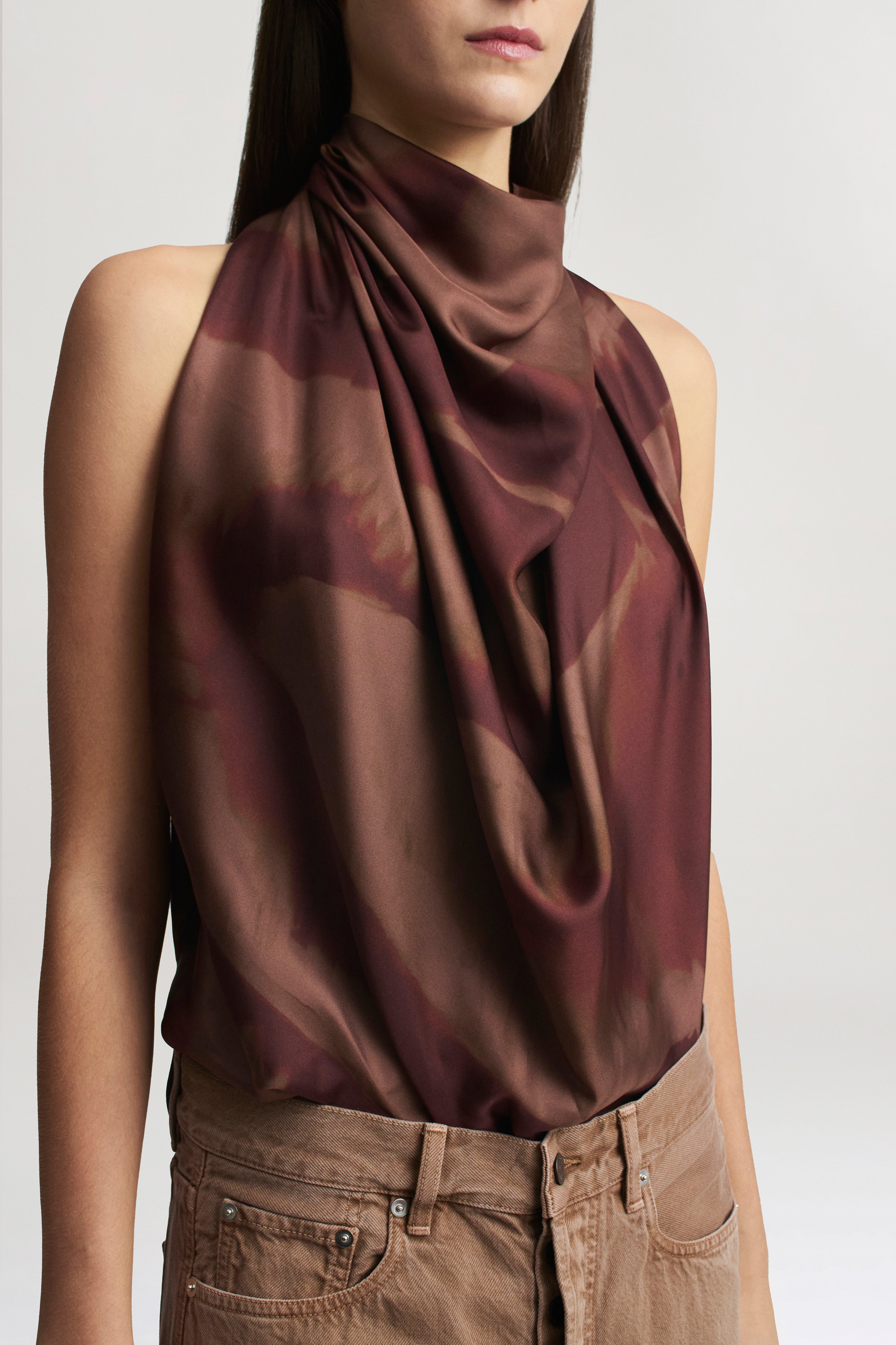 Scarf Top in Cacao Moire Silk Twill