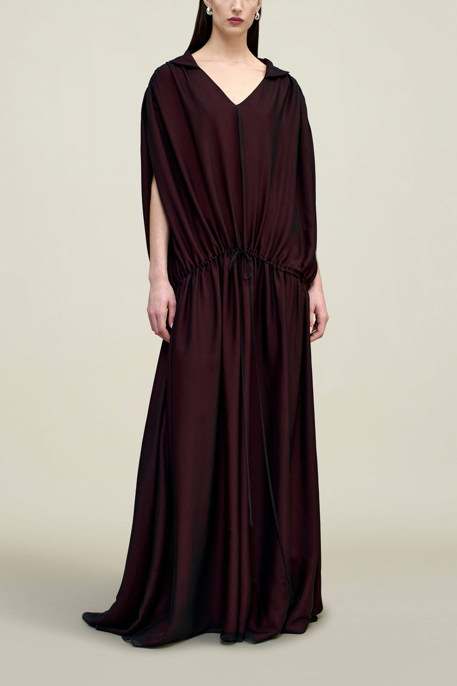 drawstring silk dress DRAWSTRING SHOULDER SILK GOWN IN GREEN | CULT MIA