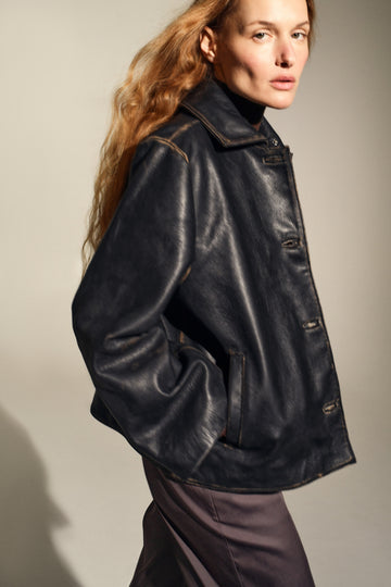 Remi Cropped Jacket in Black Distressed Leather