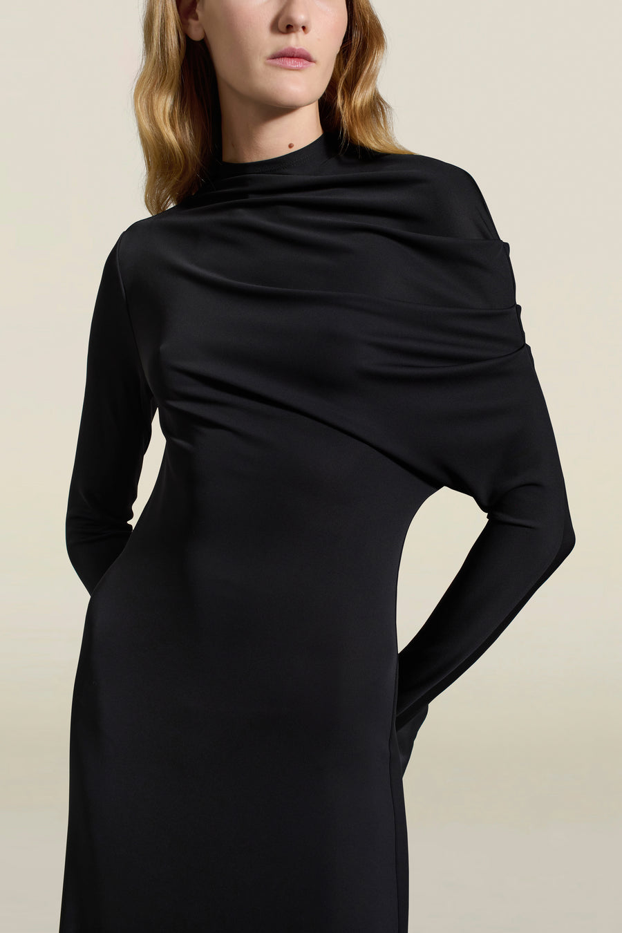 Rue Draped Gown in Black Slinky Jersey