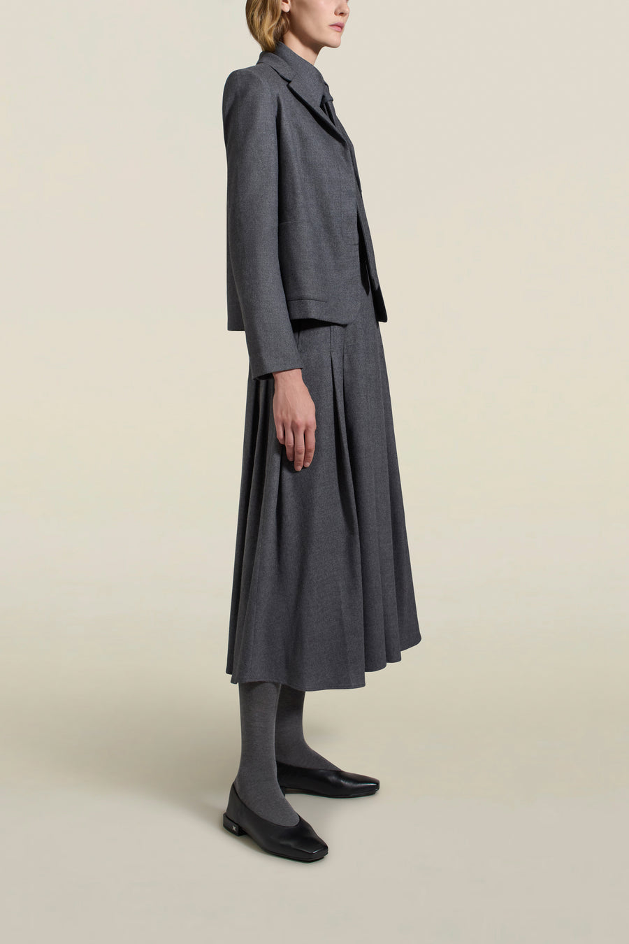 Dakota Pleated Skirt in Heather Grey Flannel Suiting