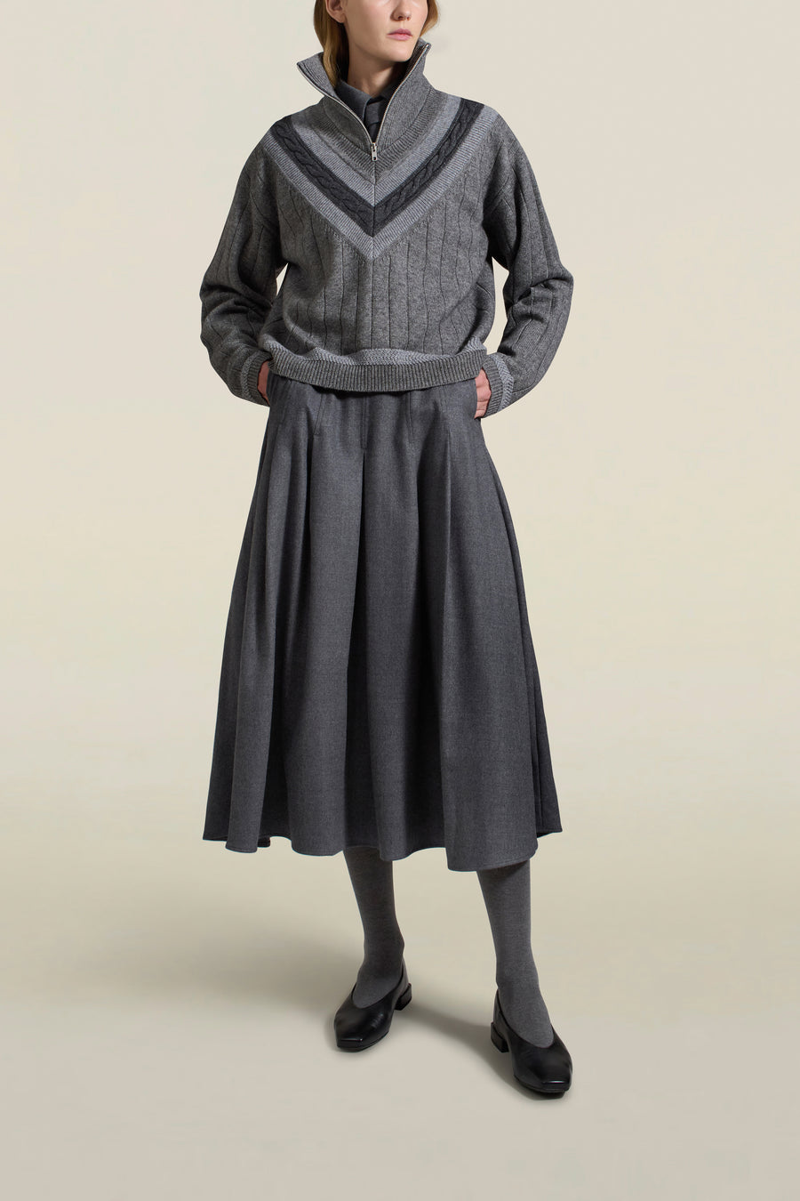 Dakota Pleated Skirt in Heather Grey Flannel Suiting