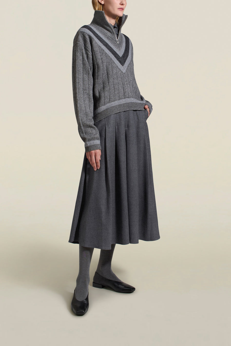 Dakota Pleated Skirt in Heather Grey Flannel Suiting