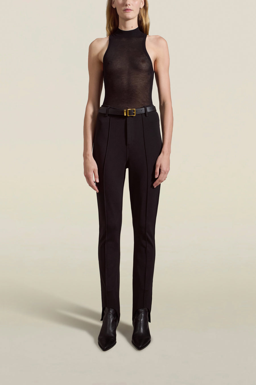 Clara Stirrup Trouser in Black Stretch-Knit Suiting