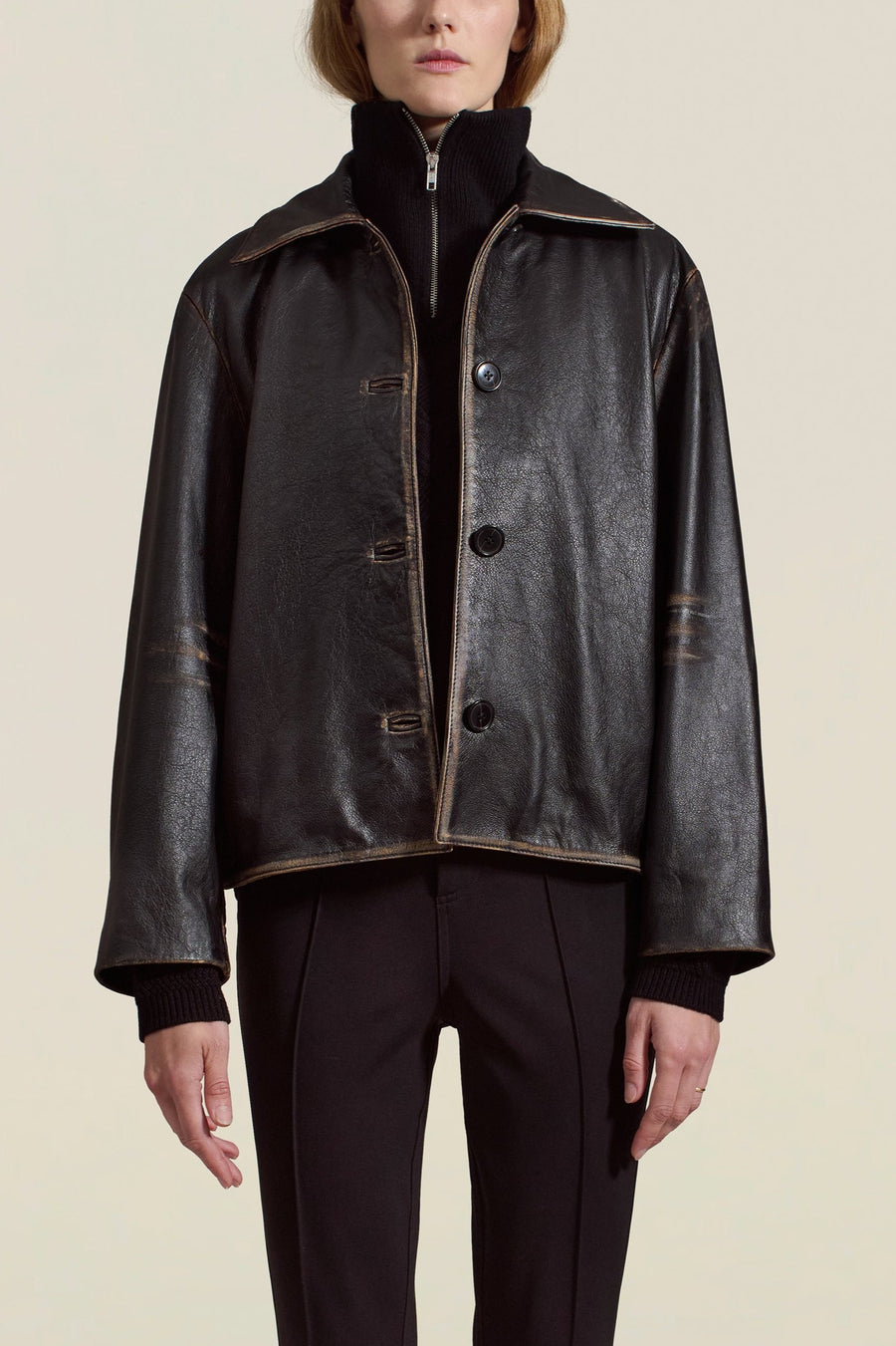 Remi Cropped Jacket in Black Distressed Leather